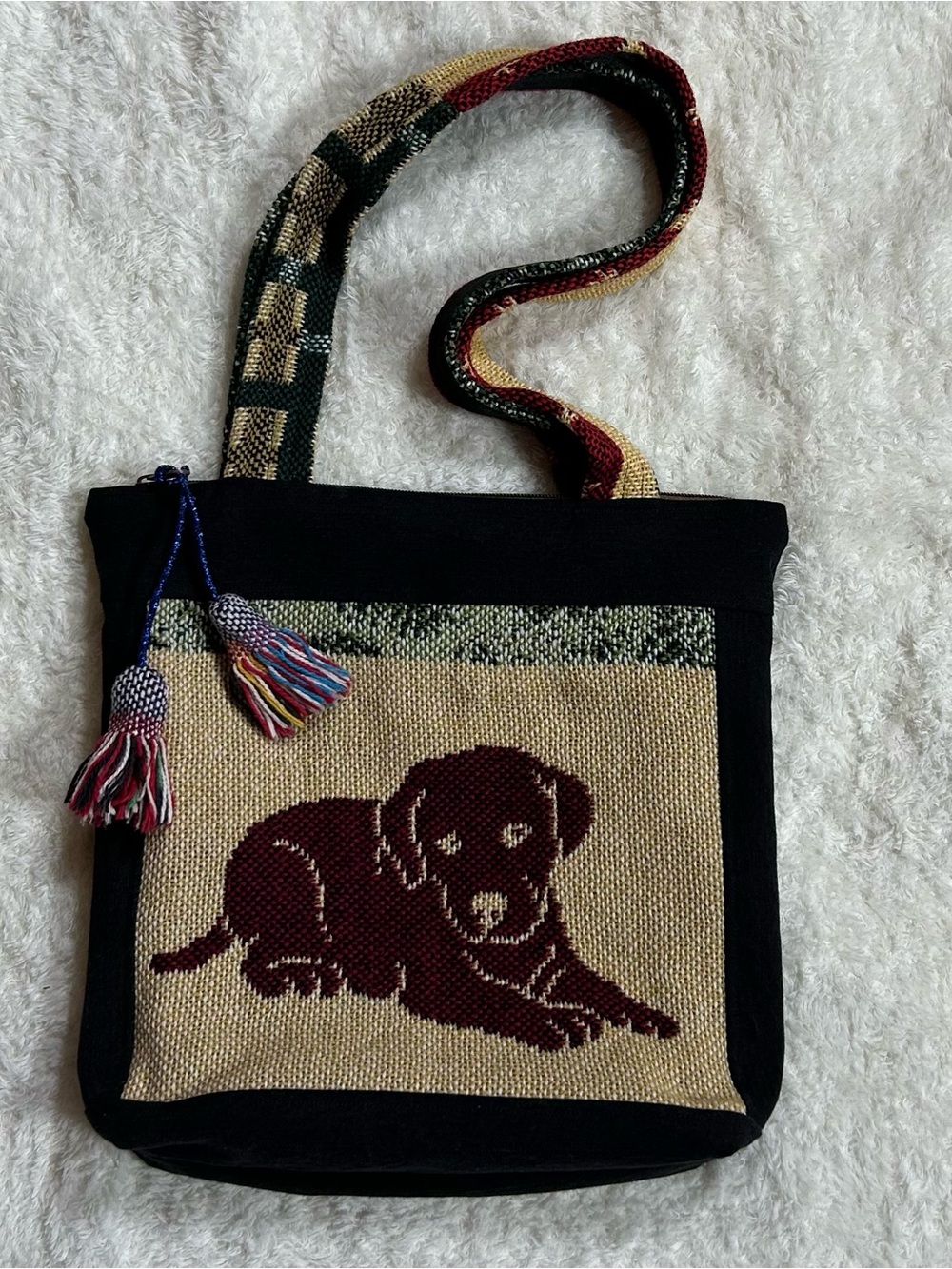 Woven tapestry black denim Puppy Tote bag